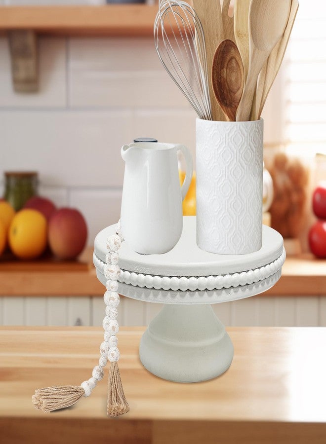 dwellington White Wash Display Wood Riser, 8.25inch Shabby Chic Pedestal Tray Decor with Beads, Farmhouse Display Stands for Coffee Bar, Bathroom, Kitchen Island (White) - Image 3